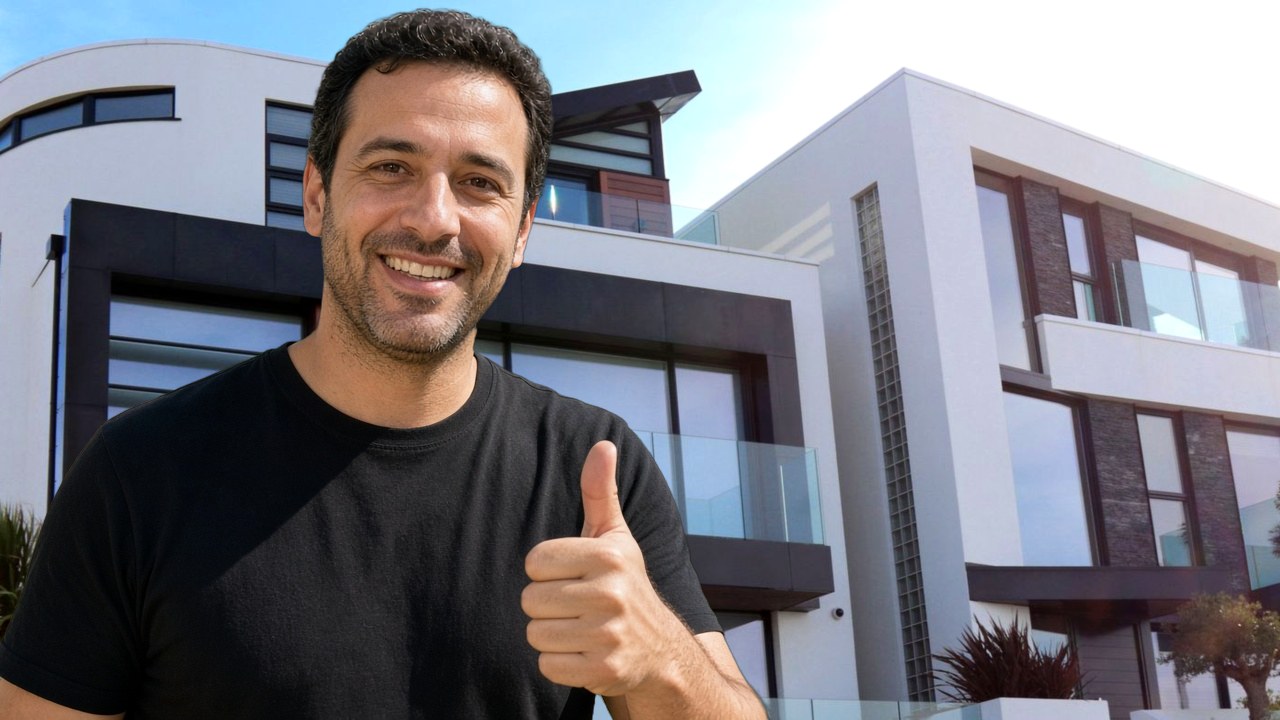 מדביר בגדרה נותן אגודל למעלה על רקע בנייני מגורים