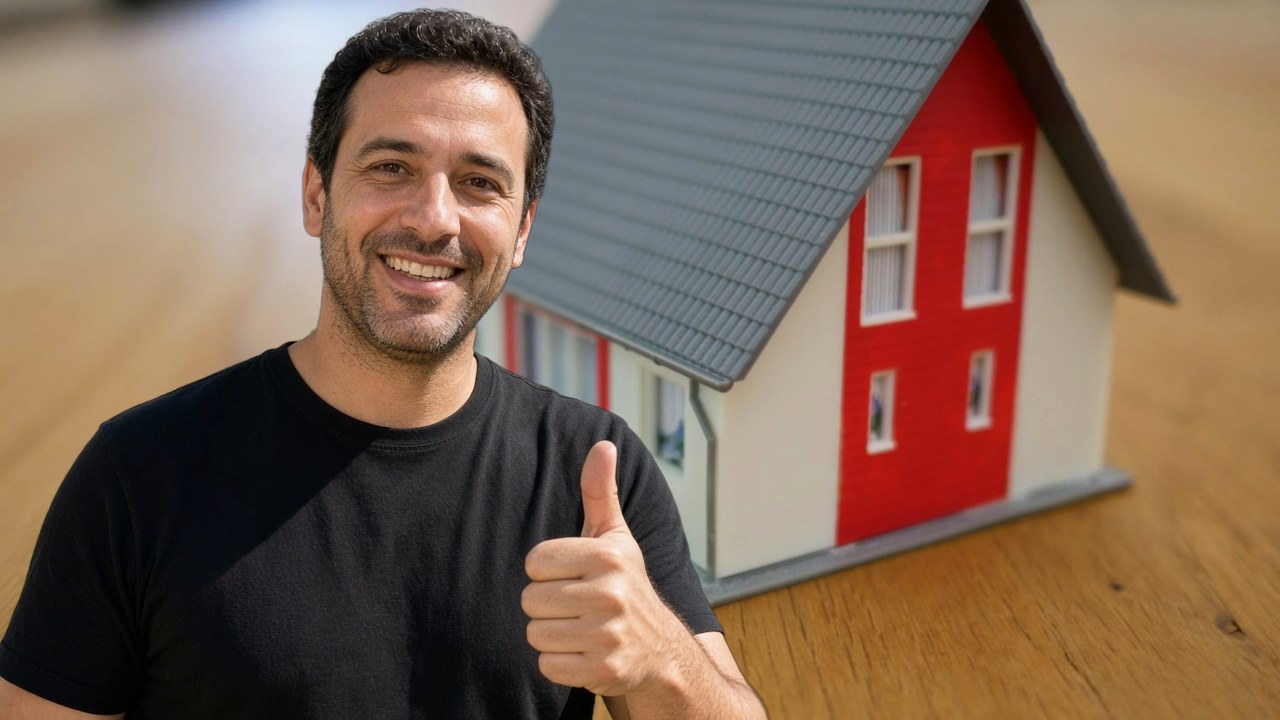 מדביר ביבנה נותן אגודל למעלה על רקע בנייני מגורים